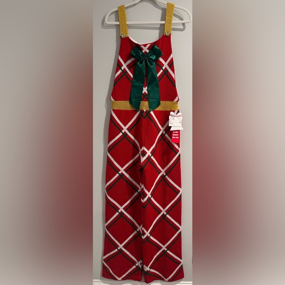 EYESHADOW Christmas Knit Bow Holiday Party Jumpsuit Bib Overalls size M New - Picture 3 of 5